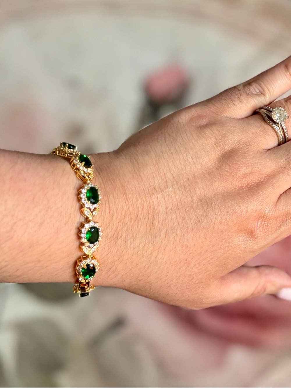 New 18K Gold Plated Emerald Green CZ Tennis Bracelet – Vintage Bridal Jewelry